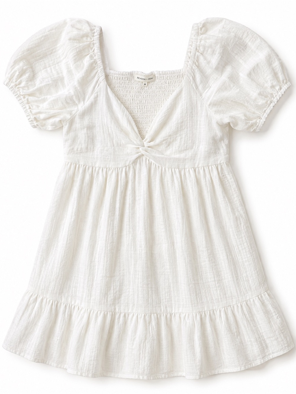 Altar'd State Ivory Puff-Sleeve Twist-Front Mini Dress